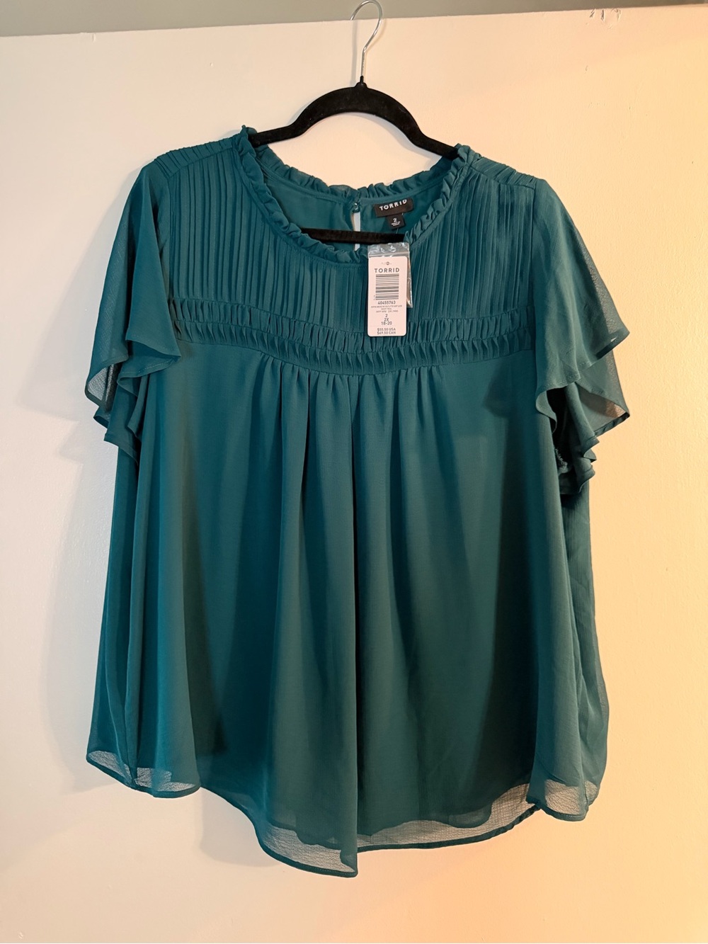 torrid Teal Ruffled Neck Flutter Sleeve Blouse